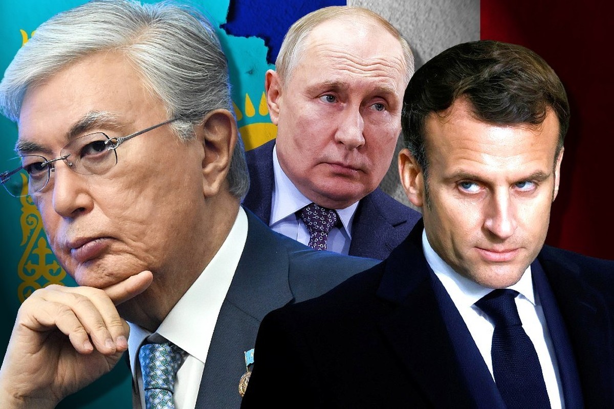 Le président kazakh, Kassym-Jomart Kemelouly Tokaïev, français, Emmanuel Macron et Russe Vladimir Poutine.