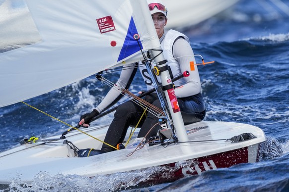 Switzerland&#039;s Maud Jayet competes during the Laser Radial women&#039;s race at the Enoshima harbour during the 2020 Summer Olympics, Thursday, July 29, 2021, in Fujisawa, Japan. (AP Photo/Bernat  ...