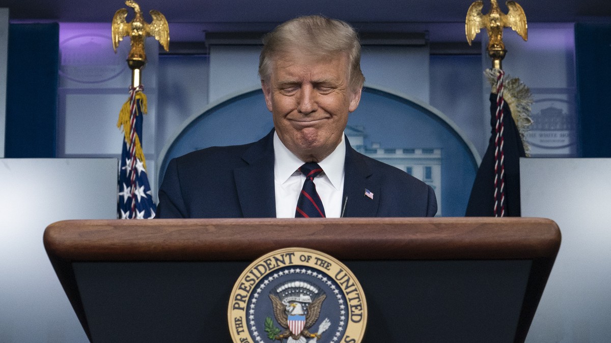 President Donald Trump smiles as he pauses while speaking during a media briefing in the James Brady Briefing Room of the White House, Sunday, Aug. 23, 2020, in Washington.(AP Photo/Alex Brandon)
Dona ...