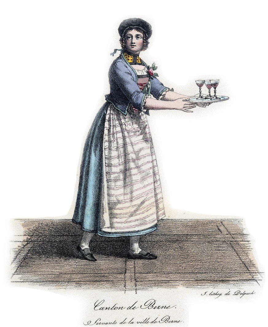 Bernisches Dienstmädchen in der Tracht. Lithografie von François-Séraphin Delpech, um 1825.