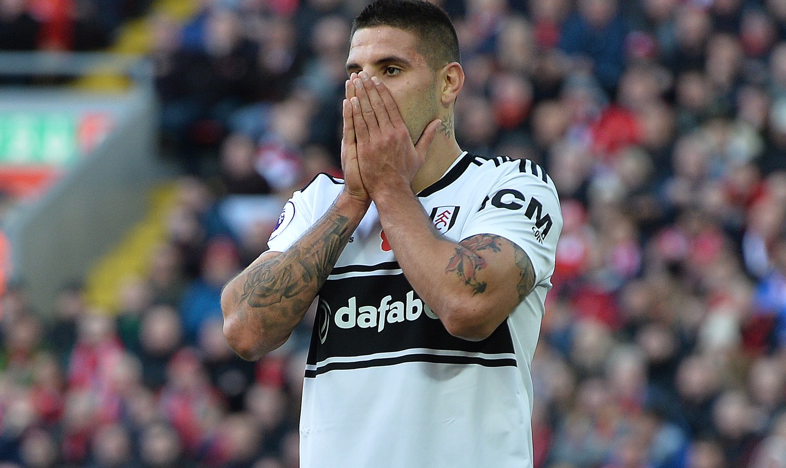 epa07158132 Fulham&#039;s Aleksandar Mitrovic reacts after his goal to be ruled offside during the English Premier League soccer match between Liverpool and Fulham at the Anfield in Liverpool, Britain ...