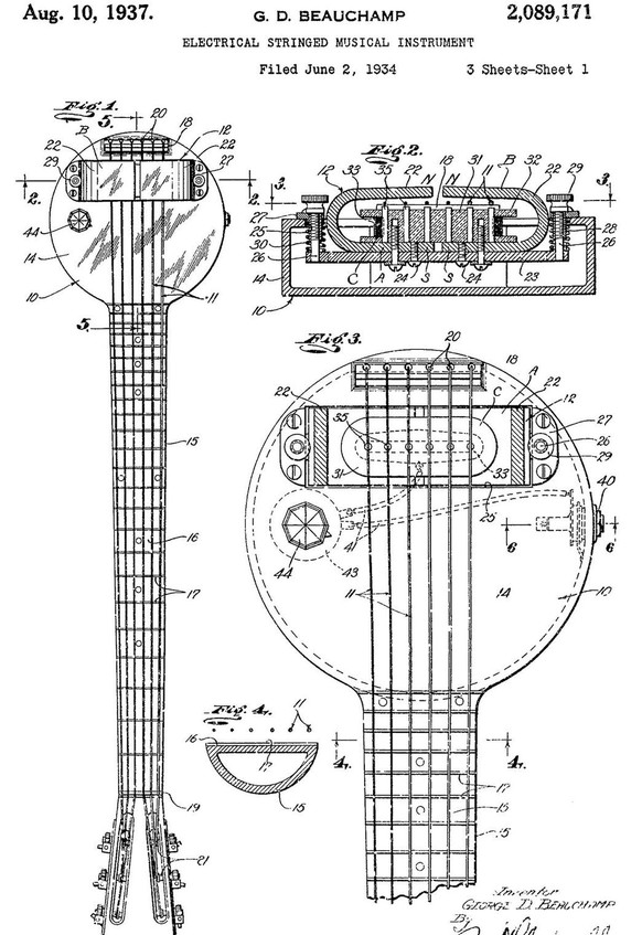 Patent für die Frying-Pan-Gitarre mit dem von Beauchamp entwickelten Pick-up.
https://commons.wikimedia.org/wiki/File:RickenbackerFryingpanPatentDiagram.png