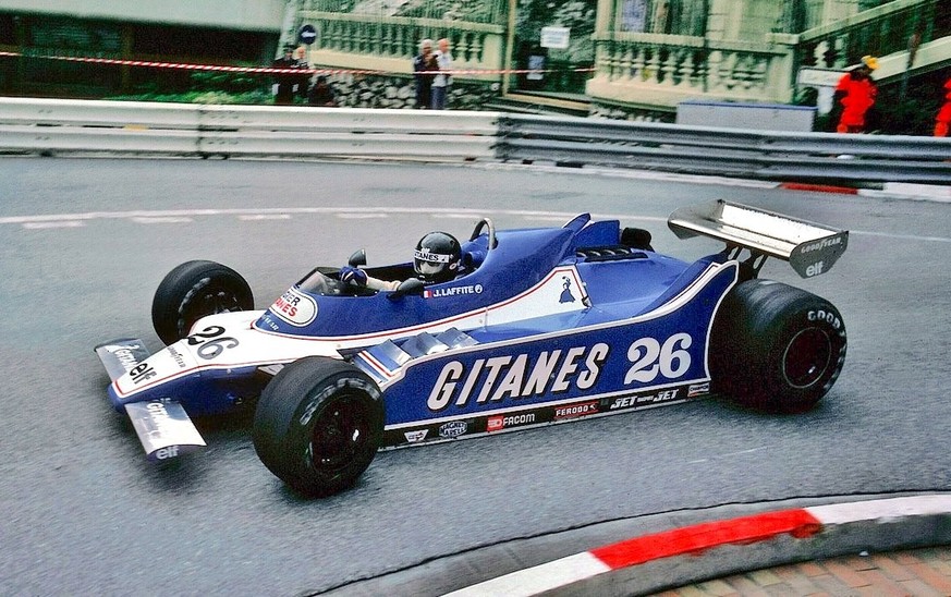 Jacques Lafitte Ligier JS11 1980 formula 1 formula one https://www.historyracingpedia.com/assets/images/1980-laffite-ligier-js-11.jpg