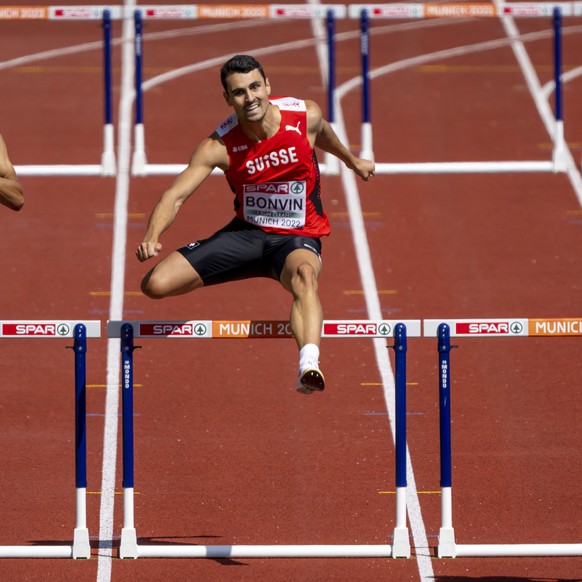 Great Britain's and Northern Ireland's Jacob Paul, Switzerland's Julien Bonvin, France's Ludvy Vaillant and Italy's Mario Lambrughi, from left, during the Men's 400 m Hurdles Semifinal competition of  ...