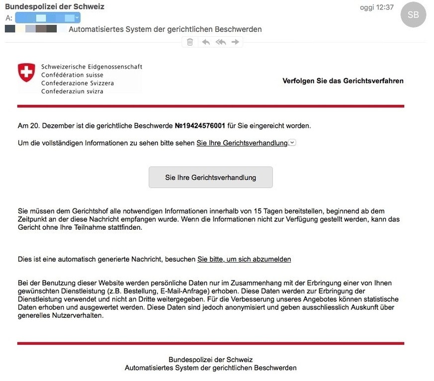 In dem Schreiben wurde mit einer Gerichtsverhandlung gedroht.