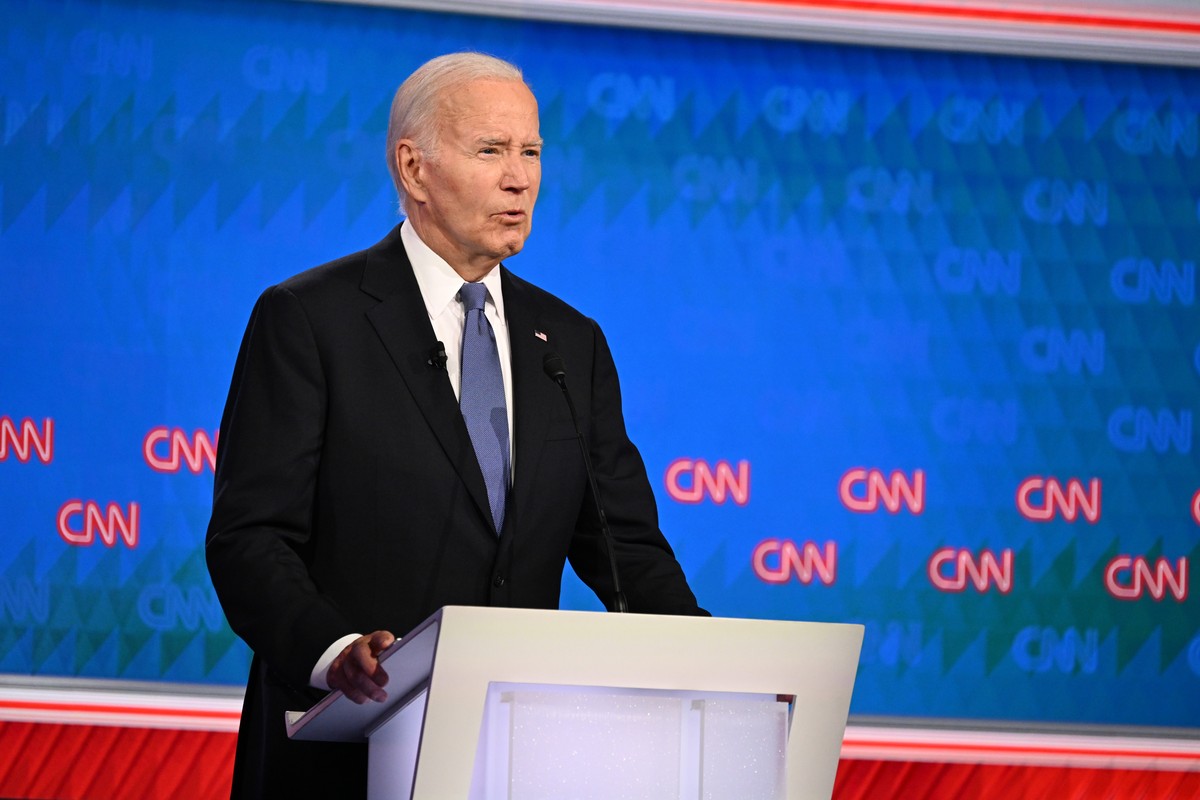 epa11442526 US President Joe Biden participates in the first 2024 presidential election debate with former US President Donald J. Trump at Georgia Institute of Technology?s McCamish Pavilion in Atlant ...