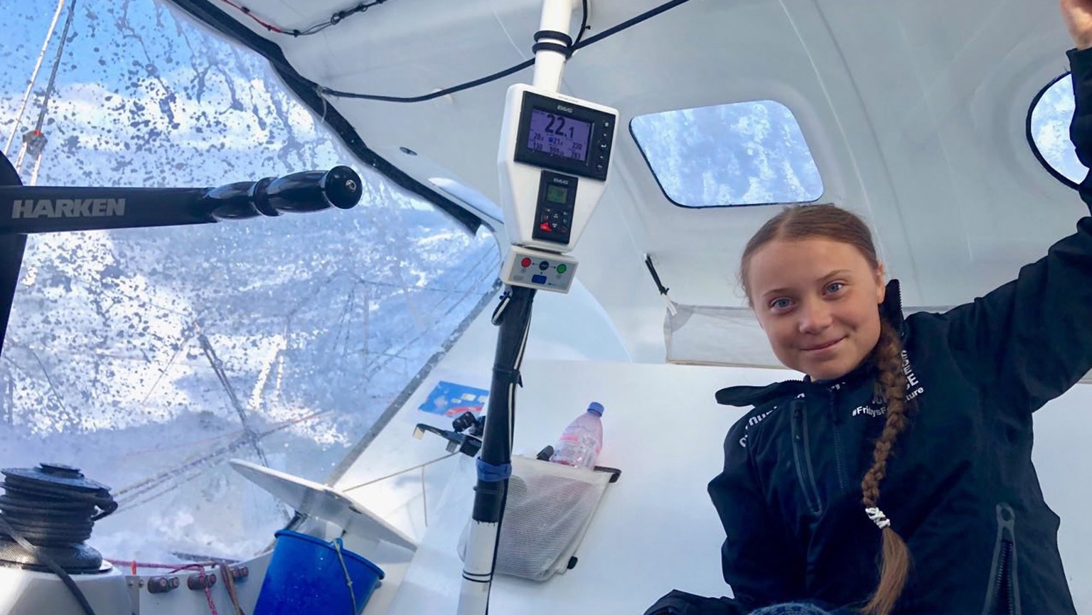 epa07792078 A handout photo made available by Swedish climate activist Greta Thunberg&#039;s twitter account shows her onboard the racing boat Malizia II in the Atlantic Ocean, 24 August 2019 (issued  ...