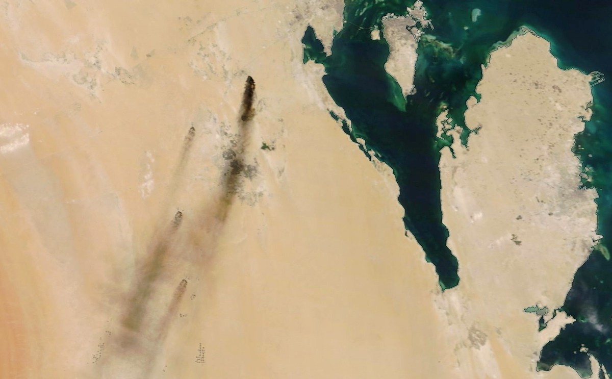 epa07844126 A handout photo made available by NASA Worldview shows a satellite image of smoke from fires at two major oil installations in eastern Saudi Arabia, 14 September 2019 (issued 15 September  ...