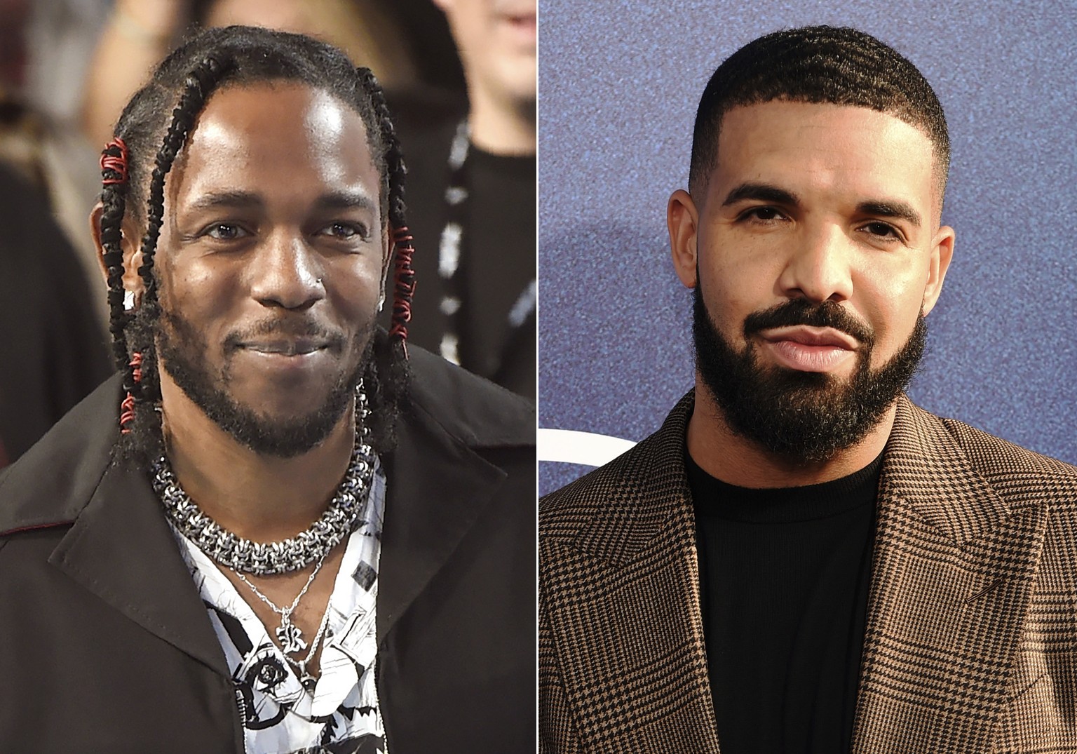 Rapper Kendrick Lamar appears at the MTV Video Music Awards, on Aug. 27, 2017, in Inglewood, Calif., left, and Canadian rapper Drake appears at the premiere of the series &quot;Euphoria,&quot; in Los  ...