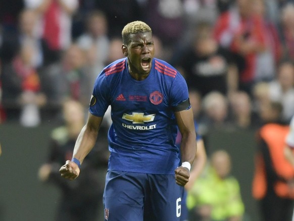 epa05987513 Manchester United&#039;s Paul Pogba celebrates after scoring the 1-0 lead during the UEFA Europa League final between Ajax Amsterdam and Manchester United at Friends Arena in Stockholm, Sw ...