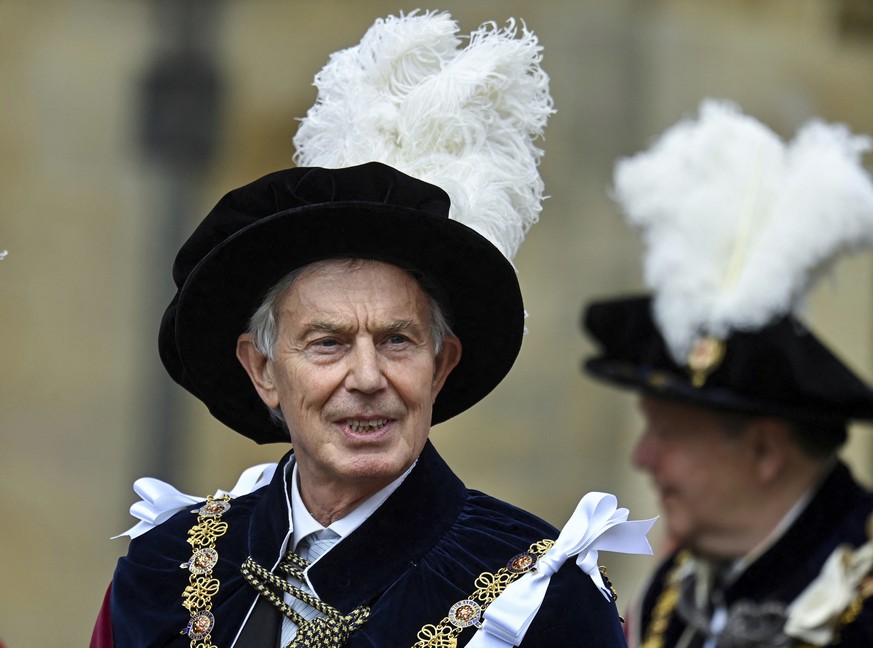 Former British Prime Minister Tony Blair attends the Order of the Garter service at Windsor Castle, in Windsor, England, Monday, June 13, 2022. The Order of the Garter is the oldest and most senior Or ...