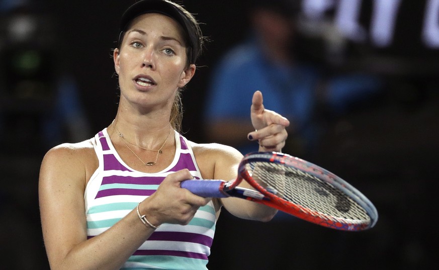 United States&#039; Danielle Collins gestures as she argues with chair umpire Carlos Ramos during her semifinal against Petra Kvitova of the Czech Republic at the Australian Open tennis championships  ...