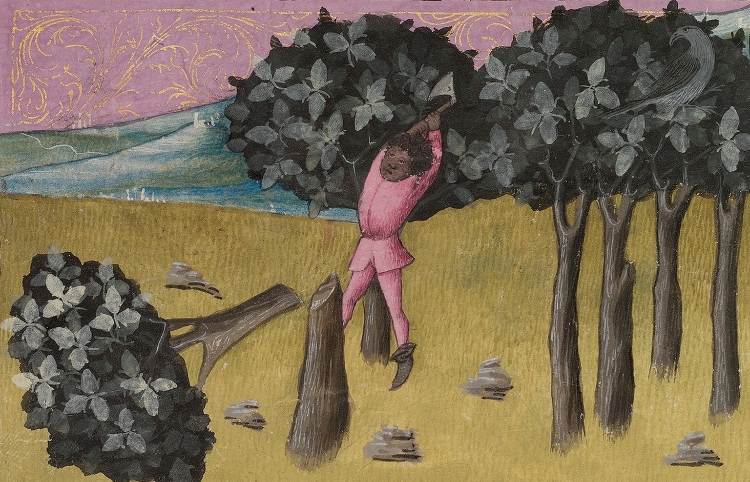 Ein Mann fällt einen Baum mit einer Axt. Illustration der Waldbewirtschaftung aus dem Codex Granatensis, um 1400.
https://digibug.ugr.es/handle/10481/6525