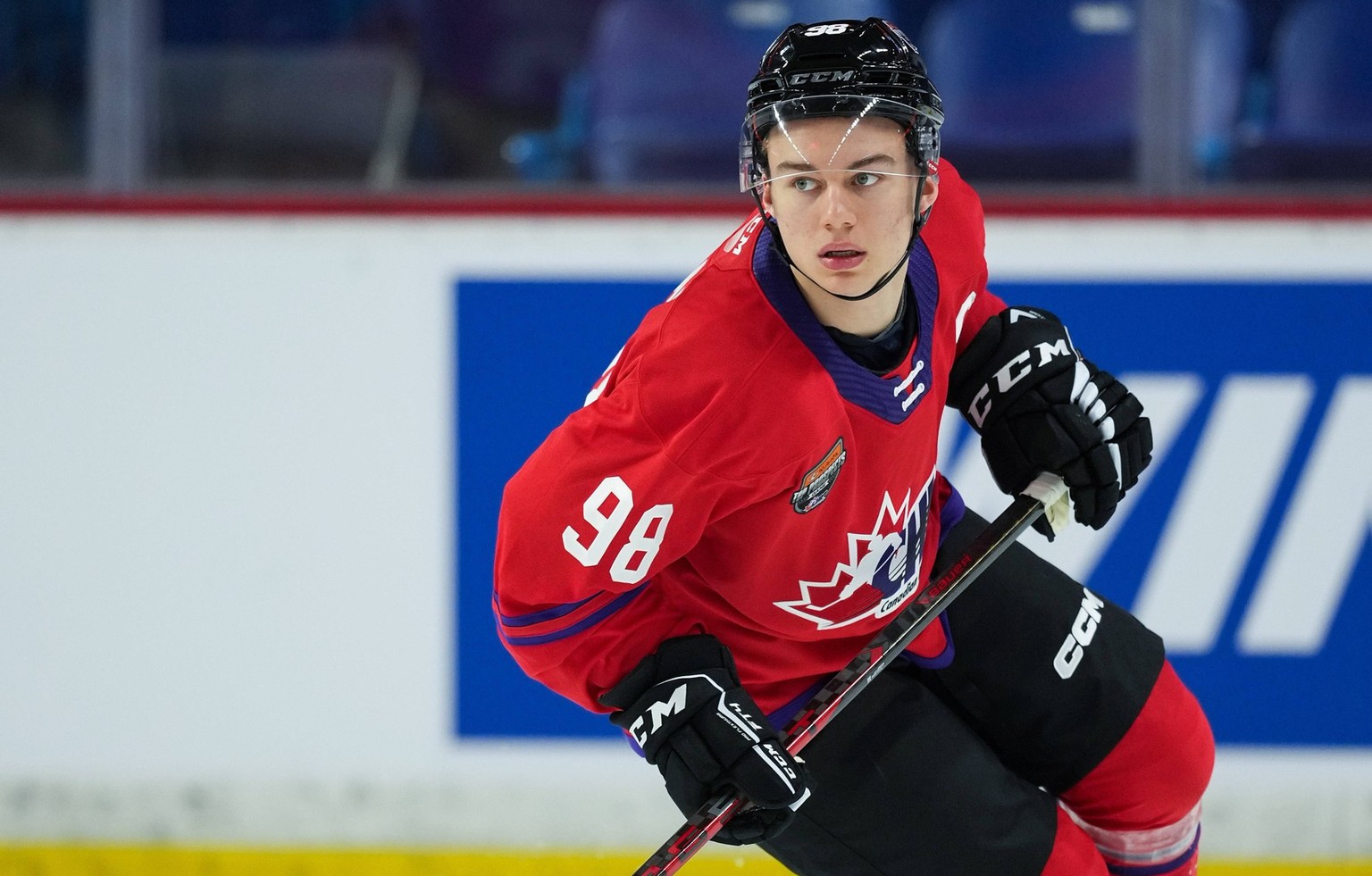 January 25, 2023, LANGLEY, BC, CANADA: Regina Pats Connor Bedard takes part in a game day skate ahead of the CHL NHL, Eishockey Herren, USA Top Prospects game, in Langley, B.C., on Wednesday, January  ...