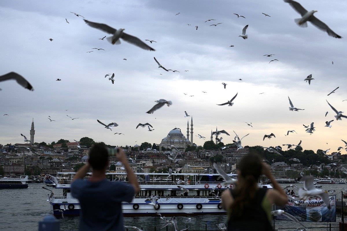 People photograph seagulls as they fly over the Galata Bridge in Istanbul, Turkey, Tuesday, June 20, 2023.(AP Photo/Khalil Hamra)