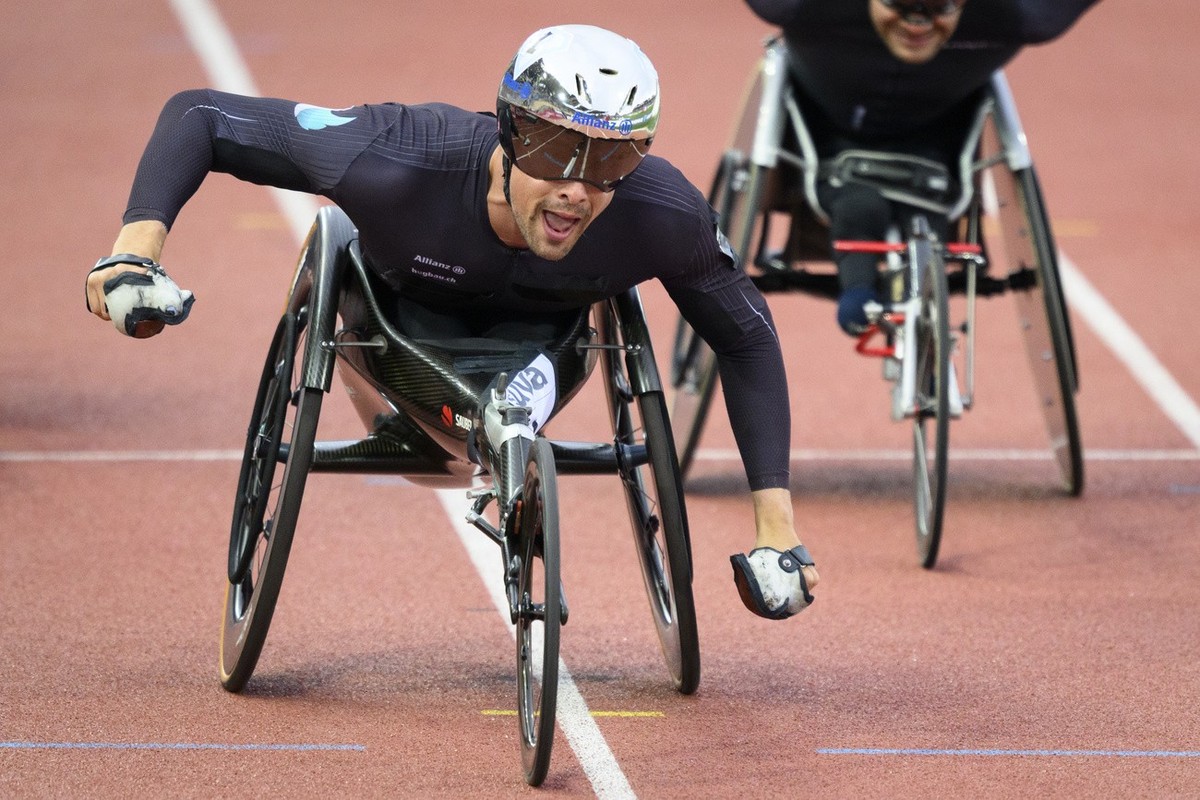 Marcel Hug of Switzerland competes in 1500m Wheelchair Men during the World Athletics Diamond League Athletissima athletics meeting at the Stade Olympique de la Pontaise in Lausanne, Switzerland, Frid ...