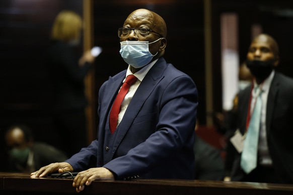 epa09228925 Former South African president Jacob Zuma appears in court during his corruption trial at the Pietermaritzburg High Court, Pietermaritzburg, South Africa, 26 May 2021. President Zuma faces ...