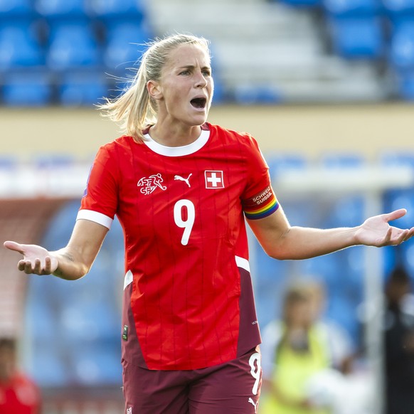 Switzerland&#039;s forward Ana-Maria Crnogorcevic reacts, during the UEFA Women&#039;s European Qualifiers League B Group B1 soccer match between Switzerland and Azerbaijan, at the stade olympique de  ...