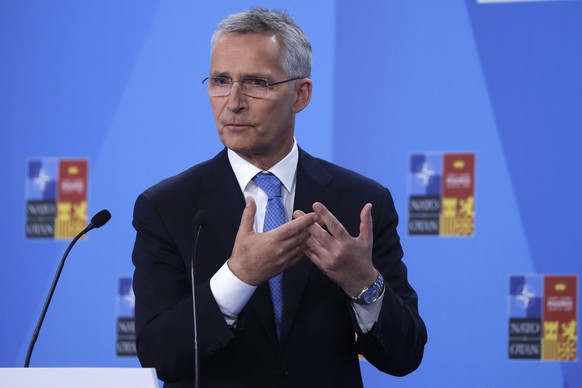 epa10041080 NATO Secretary-General, Jens Stoltenberg gestures during the press conference on the first day of the NATO Summit at IFEMA Convention Center, in Madrid, Spain, 29 June 2022. Heads of State ...