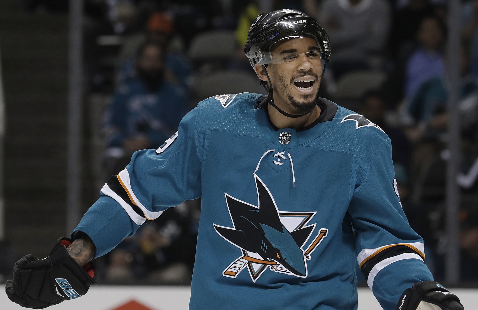 FILE - In this May 2, 2018 file photo, San Jose Sharks left wing Evander Kane takes part in the team&#039;s NHL hockey playoff game against the Vegas Golden Knights in San Jose, Calif. (AP Photo/Jeff  ...