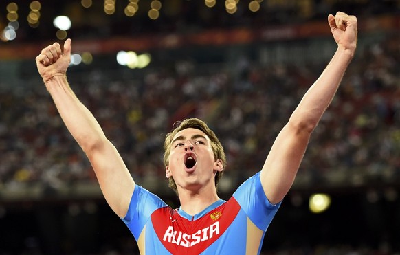 Sergey Shubenkov of Russia celebrates after winning the men&#039;s 110 metres hurdles final during the 15th IAAF World Championships at the National Stadium in Beijing, China August 28, 2015. REUTERS/ ...