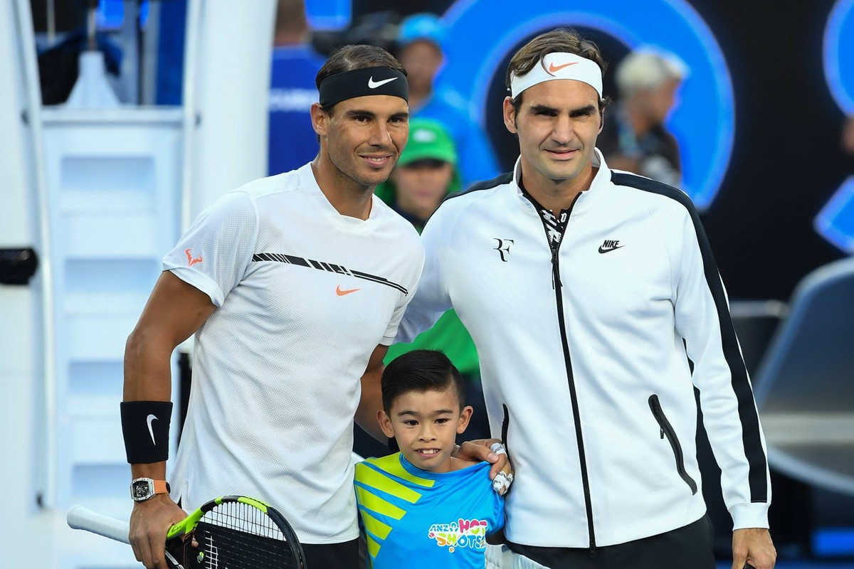 January 29, 2017: Roger Federer of Switzerland and Rafael Nadal of Spain pose for photographs prior to the Men s Final on day 14 of the 2017 Australian Open Grand Slam tennis tournament in Melbourne,  ...