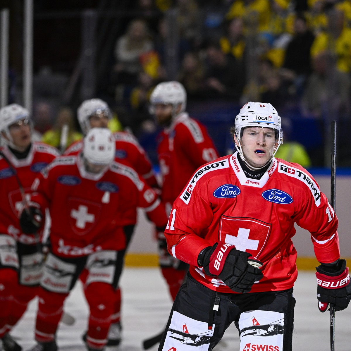 epa11142842 Switzerland #11 Sven Senteler scores 5-1 during the Beijer Hockey Games (Euro Hockey Tour) ice hockey match between Sweden and Switzerland at Lofbergs Arena in Karlstad, Sweden, 10 Februar ...