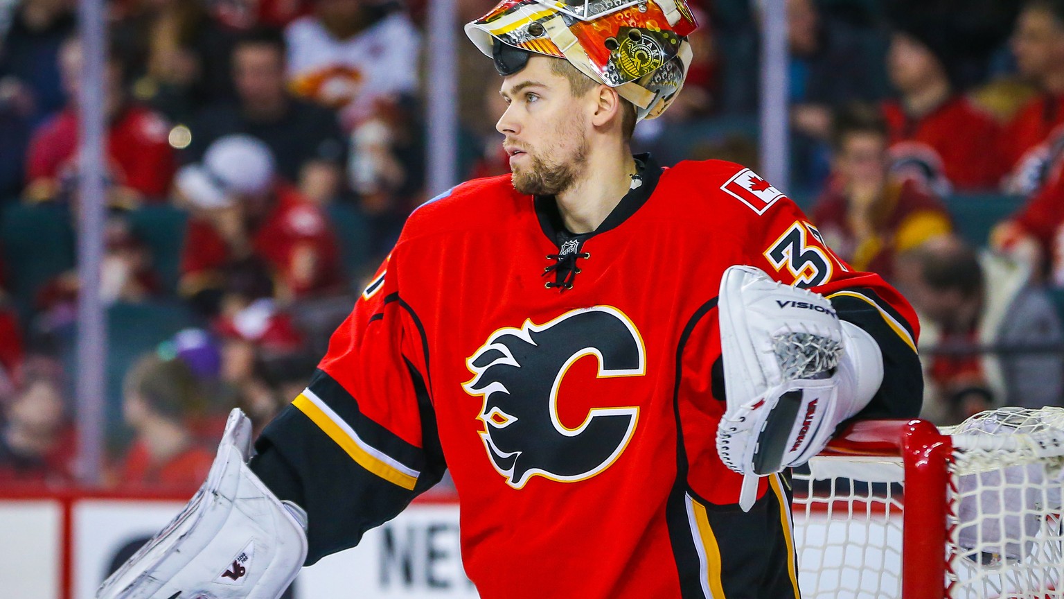 Feb 15, 2016; Calgary, Alberta, CAN; Calgary Flames goalie Joni Ortio (37) replaces Calgary Flames goalie Jonas Hiller (not pictured) during the second period against the Anaheim Ducks at Scotiabank S ...