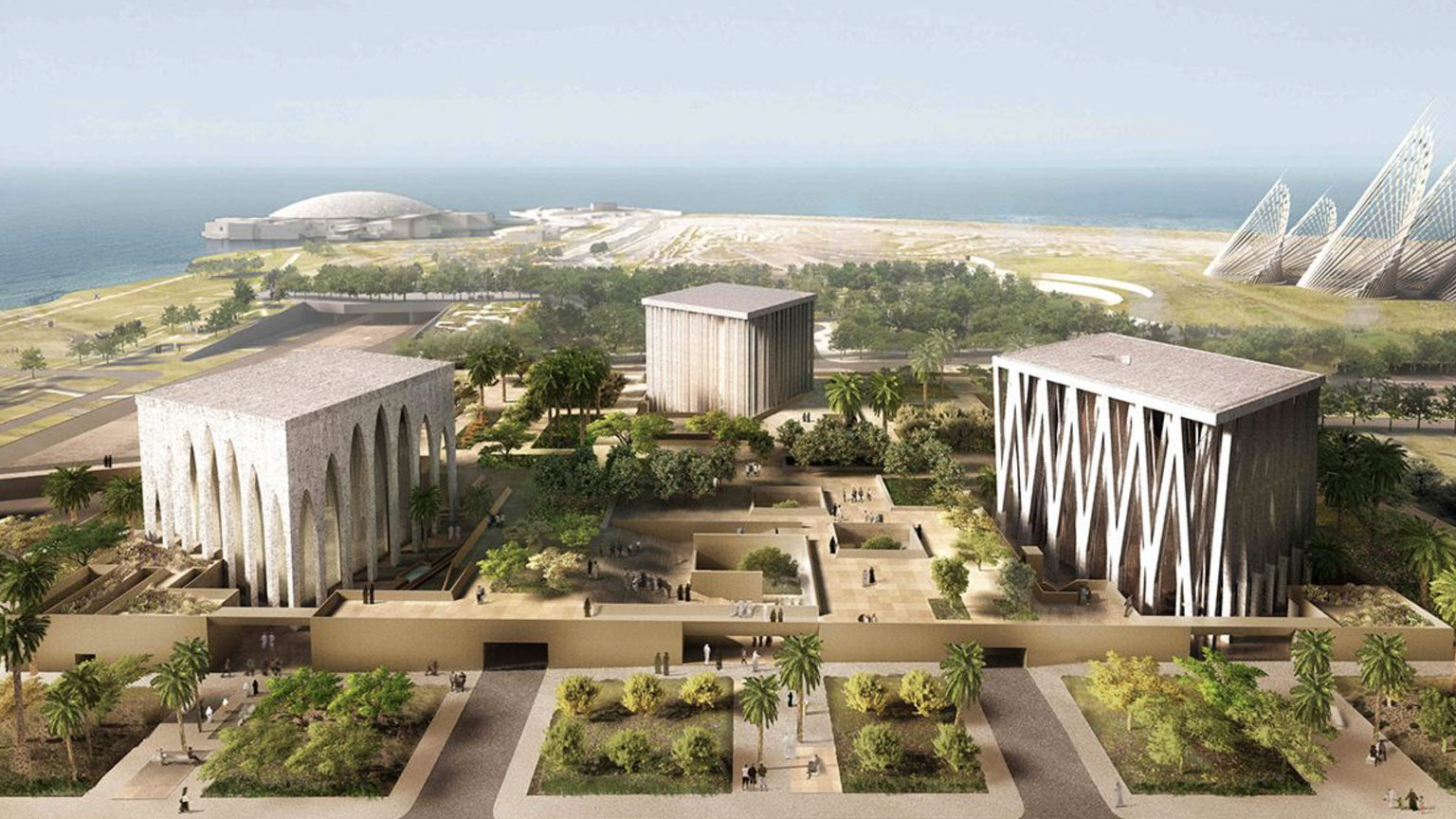 The project embraces the values ​​of the three monotheistic religions of Judaism, Christianity and Islam.  The photo shows the mosque on the left, the synagogue in the middle and the church on the right.
