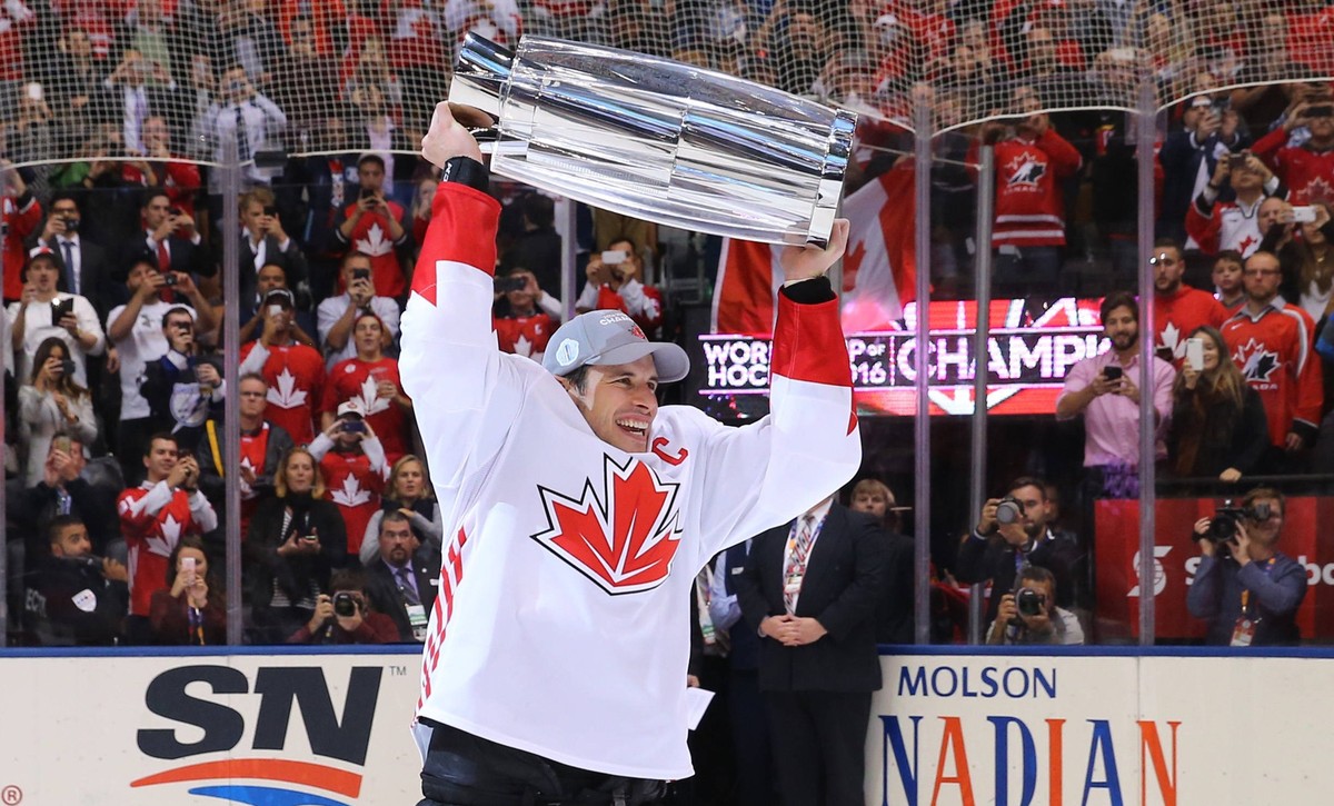 Hockey: World Cup of Hockey-Final-Team Canada vs Team Europe, Sep 29, 2016 Toronto, Ontario, Canada Team Canada center Sidney Crosby 87 holds up the World Cup of Hockey championship trophy after defea ...