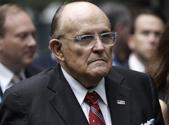 epa10178185 Former New York City Mayor Rudy Giuliani attends a ceremony at the 9/11 Memorial marking the 21st anniversary of the September 11, 2001 terrorist attacks in New York, New York, USA, 11 Sep ...