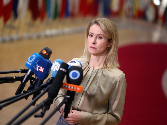 epa12537158 EU High Representative for Foreign Affairs and Security Policy, Kaja Kallas, speaks to the media upon arrival for the EU Foreign Affairs Council, in Brussels, Belgium, 20 November 2025. EU ...