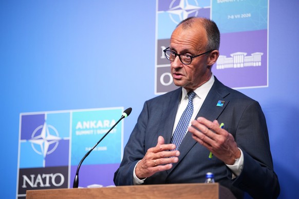 Germany's Chancellor Friedrich Merz speaks during a media conference at the NATO summit in Ankara, Turkey, Wednesday, July 8, 2026. (AP Photo/Emrah Gurel)
Friedrich Merz