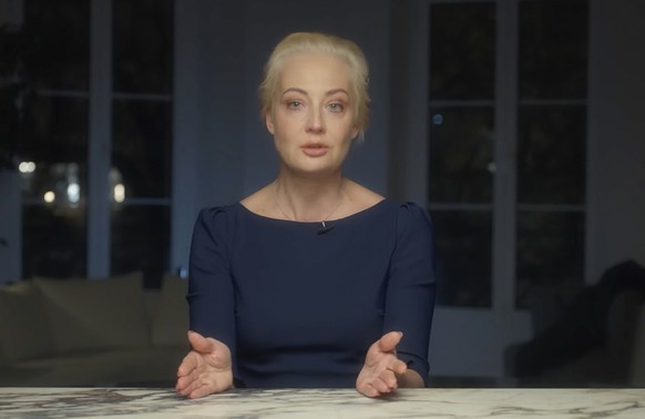 In this image taken from video released by Navalny Team on Monday, Feb. 19, 2024, Yulia Navalnaya, widow of Russian opposition leader Alexei Navalny gives a video message. The widow of Russian opposit ...