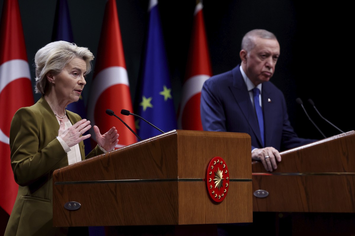European Commission President Ursula von der Leyen, left, talks to journalists during a joint press conference with Turkey President Recep Tayyip Erdogan following their meeting in Ankara, Tuesday, De ...