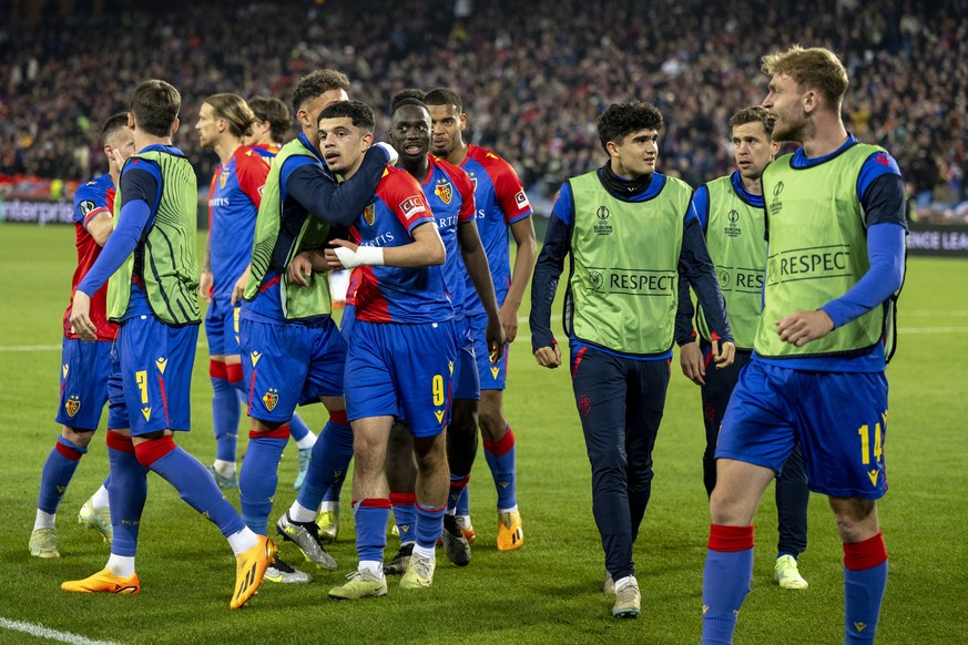 Basel&#039;s players cheer after scoring during the UEFA Conference League semifinal second leg match between Switzerland&#039;s FC Basel 1893 and Italy&#039;s ACF Fiorentina at the St. Jakob-Park sta ...