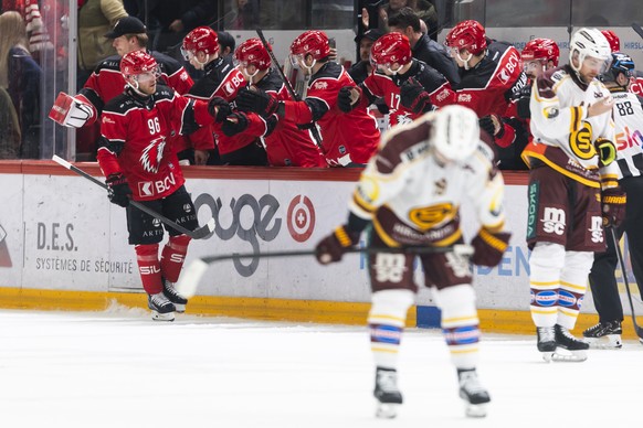 La joie de Drake Caggiula (LHC), apres son but lors de l'Acte 2 des quarts de finale des play-offs du championnat suisse de hockey sur glace de National League entre Lausanne HC, LHC, et Geneve-S ...