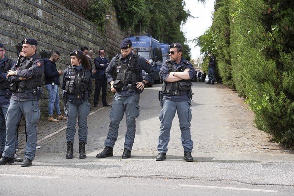 Police patrol outside theOmani Embassy in Rome during a closed-door meeting between U.S. and Iranian delegations to discuss Tehran&#039;s rapidly advancing nuclear program, Saturday, April 19, 2025. ( ...