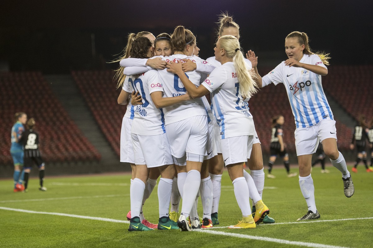 Zurich celebrate their goal during the UEFA Women's Champions League round of 32 second leg match between Switzerland's FC Zurich and Austria's Sturm Graz, at the Letzigrund stadium in  ...
