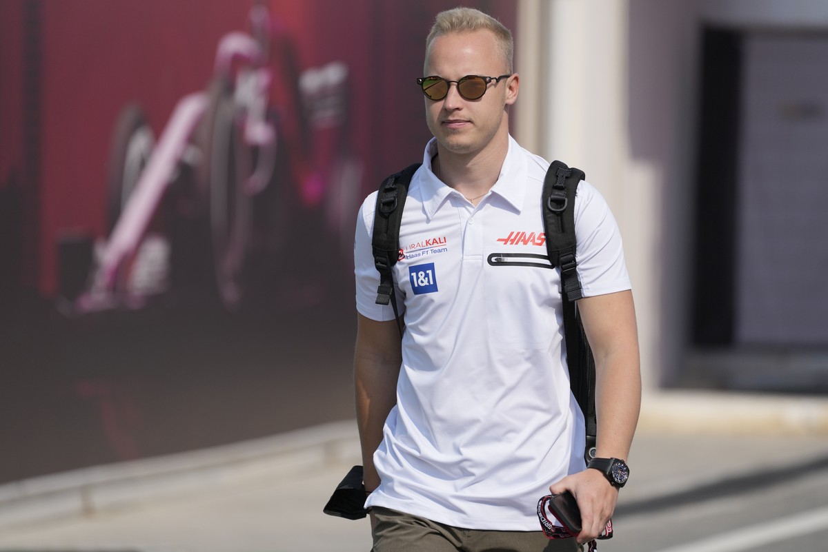 FILE - Haas driver Nikita Mazepin of Russia arrives to the Losail International Circuit in Losail, Qatar, Thursday, Nov. 18, 2021 ahead of the Qatar Formula One Grand Prix. Auto racing's internat ...