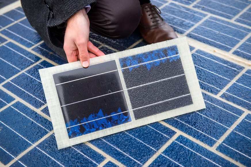 epa05685508 An man shows a sample of a solar panel which a road is equipped with during the inauguration by French Minister for Ecology, Sustainable Development and Energy Segolene Royal of a photovol ...