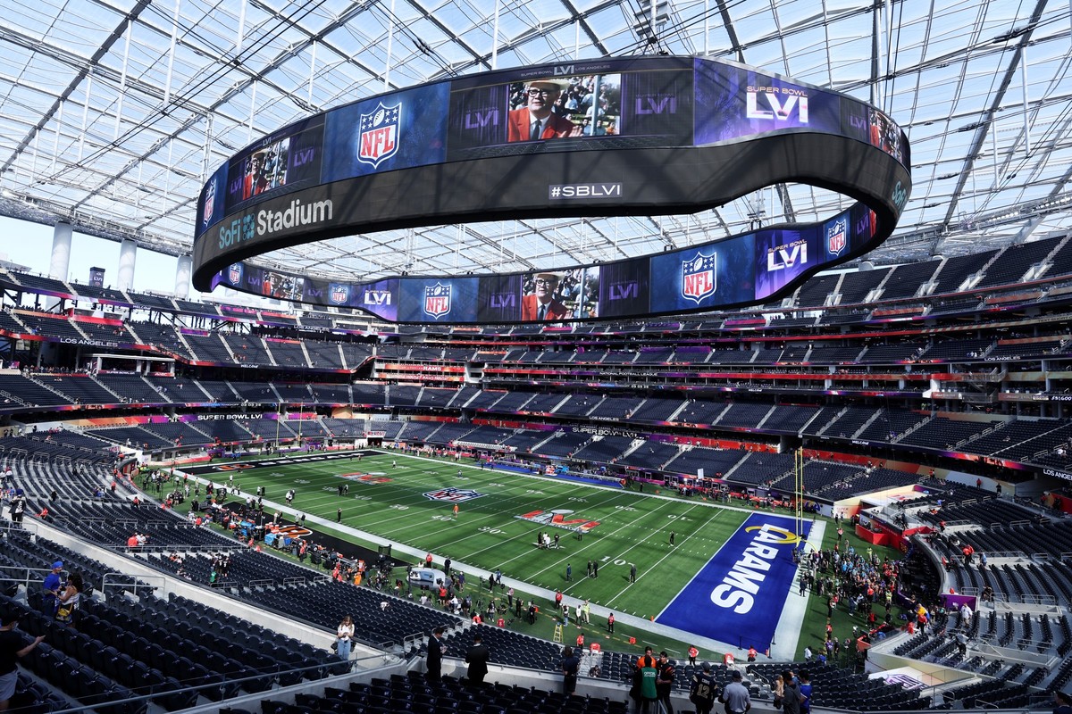 INGLEWOOD, CALIFORNIA - FEBRUARY 13: The field and jumbotron are seen before teh start of Super Bowl LVI between the Los Angeles Rams and the Cincinnati Bengals at SoFi Stadium on February 13, 2022 in ...