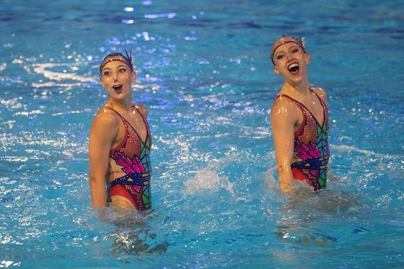 epa09265588 Lara Mechnig and Marluce Schierscher of Liechtenstein compete in the Duet Technical routine at the FINA Olympic Games Artistic Swimming Qualification Tournament 2021 in Barcelona, Spain, 1 ...