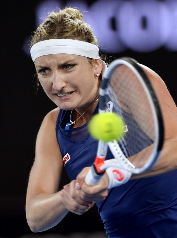 Switzerland&#039;s Timea Bacsinszky makes a backhand return to Australia&#039;s Daria Gavrilova during their third round match at the Australian Open tennis championships in Melbourne, Australia, Satu ...