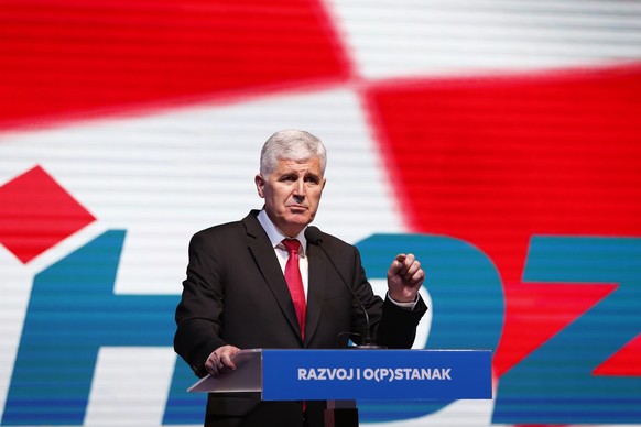 Dragan Covic, presidential candidate of the Croatian Democratic Union of Bosnia and Herzegovina (HDZ), speaks during a political rally in Mostar, Bosnia, on Thursday, Oct. 4, 2018. Bosnia holds a gene ...