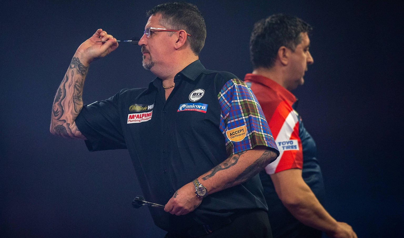 William Hill World Darts Championship 28/12/2020. Gary Anderson Scotland, Mensur Suljovic Austria, during the William Hill World Darts Championship at Alexandra Palace, London, United Kingdom on 28 De ...