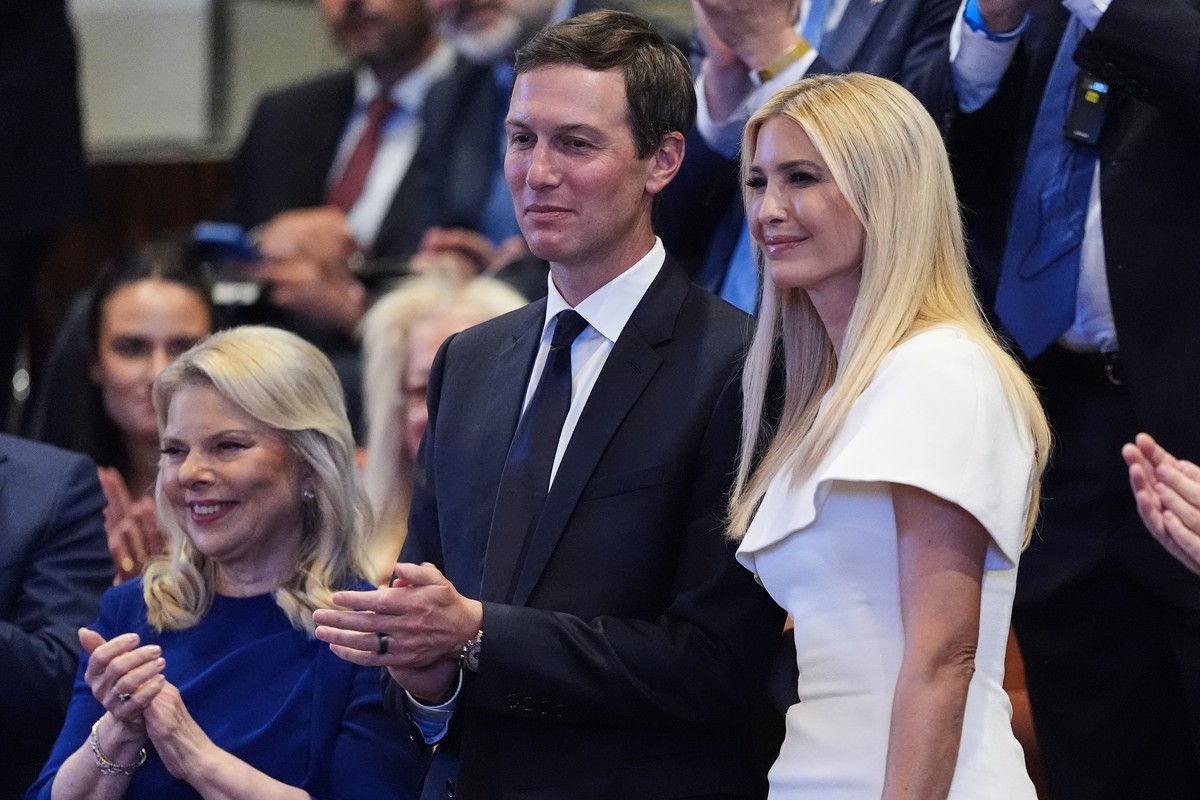 Jared Kushner and Ivanka Trump are recognized by President Donald Trump as he speaks to the Knesset, Israel's parliament, Monday, Oct. 13, 2025, in Jerusalem, as Sara Netanyahu applauds. (AP Phot ...