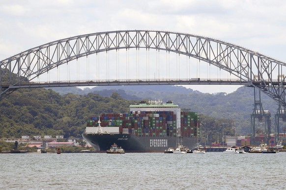 A cargo ship sails toward the Pacific Ocean after passing though the Panama Canal, seen from Panama City, Friday, Aug. 25, 2023. Due to a lack of rainfall, authorities in early August limited the numb ...