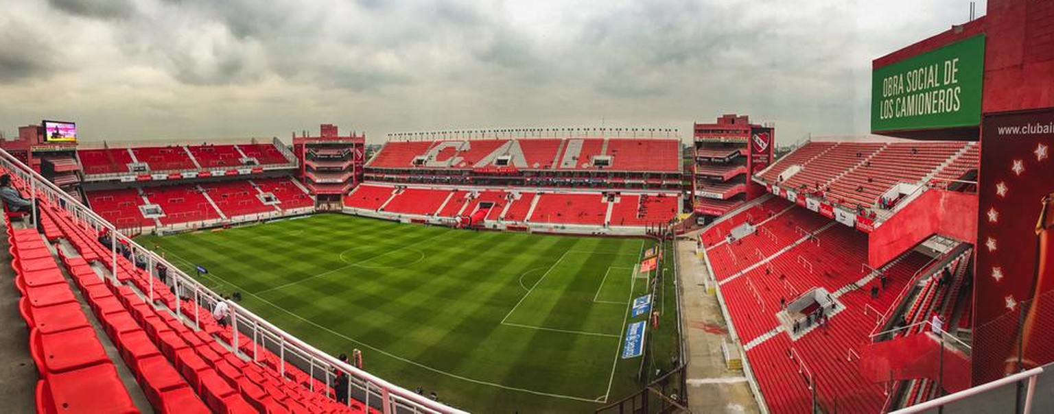 Buenos Aires, Year 2017: Empty stadium in Argentina. Soccer football stadium in Avellaneda city. Independiente Football Club Team home. Tribunes without fans. Panoramic photography.
