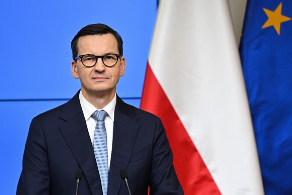 epa10942911 Polish Prime Minister Mateusz Morawiecki attends a press conference at the end of the second day of the European Council meeting in Brussels, Belgium, 27 October 2023. In a two-day summit  ...